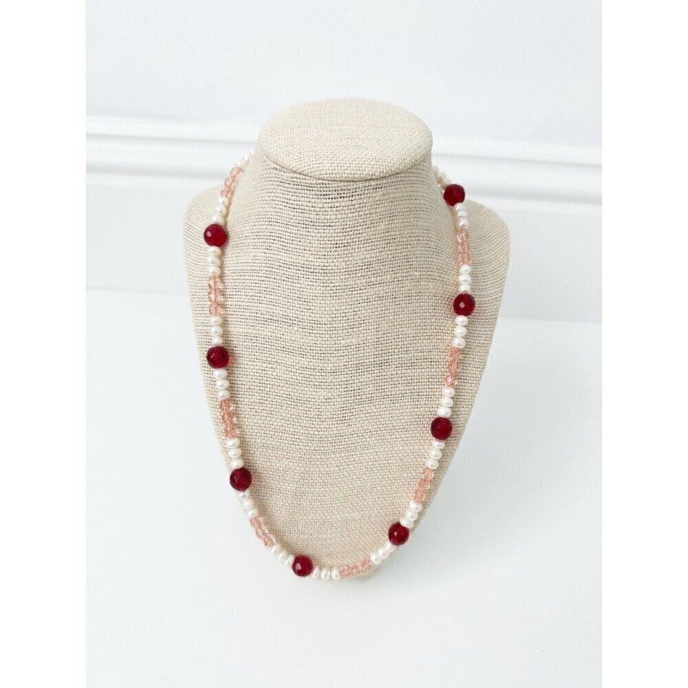 NWT Genuine Pearls & Crystal Beads Necklace Beaded Pink Red White